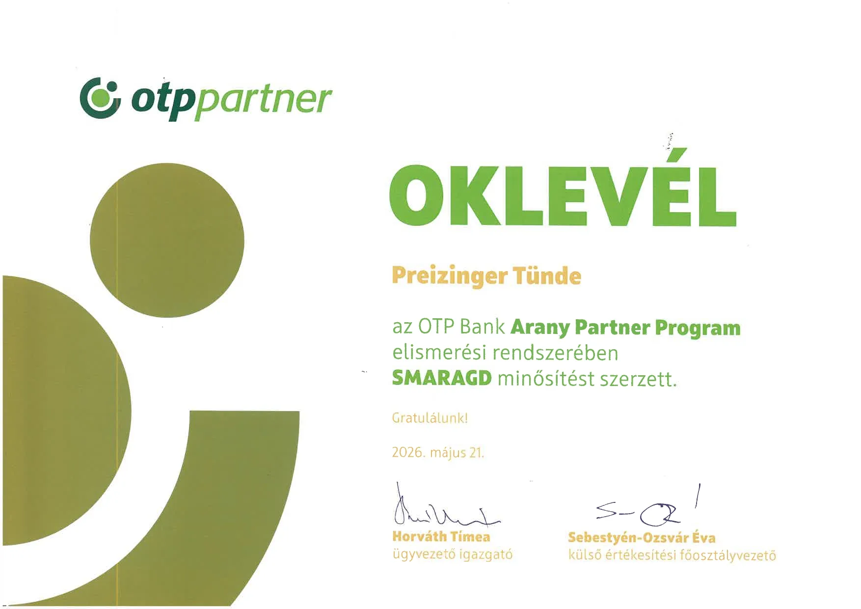Preizinger Tünde oklevele az OTP Bank Arany Partner Program smaragd minősítéséről, 2026. május 21.